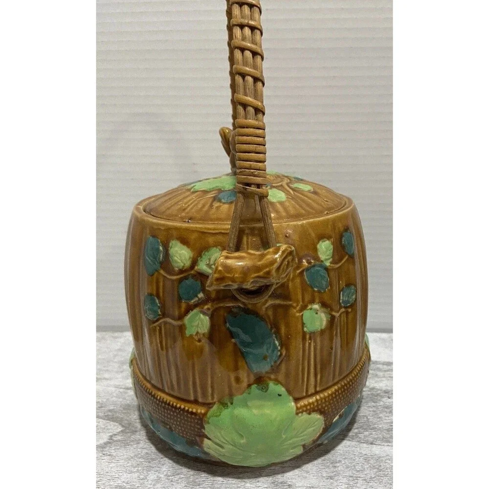 Vintage Majolica Biscuit Cookie Jar Squirrel Top Rattan Handle Hand Glazed Japan